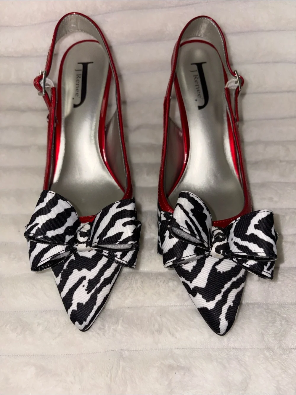 J.Renee Red Slingback Heels with Black & White Zebra Bow 8M